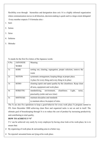 flexibility even through hierarchies and designation does exit. It is a highly informal organization
where communication moves in all direction, decision-making is quick and to a large extent delegated
Every member respects 5 S formulas also:-
1. Seiri
2. Seiton
3. Seiso
4. Seiketsu
5. Shitsuke
5s stands for the first five letters of the Japanese words:
S.No. JAPANESE
WORD
Meaning
1s SEIRI sorting out, clearing, segregation, proper selection, remove the
waste
2s SEITON systematic arrangement, keeping things at proper place.
A place for every thing and every thing in its place
3s SEISO cleaning (spick and span) quality by the cleanliness. Keep clean
all area, equipment and work place
4s SEIKETSU standardizing, environment, cleanliness. Light, noise,
punctuality.(order and save time)
5s SHITSUKE maintain discipline and standards
to maintain above 4s,respect of rules.
The 5s are also five operations to keep a good behavior for every work place 5s program started in
ITL from December 2000 achieving clean floor and organized racks is not an end in itself. The
ultimate goal of housekeeping through 5s is to reduce the cost of product by increasing productivity
and contributing to total quality.
HOW TO ACHIEVE 5 “S”
5’s’ can be achieved very easily by every employee by having close look at his work-place, he is to
ensure that:
 By organizing of work place & surrounding area in a better way.
 No rejected/ unwanted items are lying at his work place.
 
