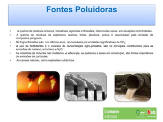 Fontes Poluidoras
• A queima de resíduos urbanos, industriais, agrícolas e florestais, feita muitas vezes, em situações incontroladas.
• A queima de resíduos de explosivos, resinas, tintas, plásticos, pneus é responsável pela emissão de
compostos perigosos;
• Os fogos florestais são, nos últimos anos, responsáveis por emissões significativas de CO2;
• O uso de fertilizantes e o excesso de concentração agro-pecuária, são os principais contribuintes para as
emissões de metano, amoníaco e N2O;
• As indústrias de minerais não metálicos, a siderurgia, as pedreiras e áreas em construção, são fontes importantes
de emissões de partículas;
• As causas naturais, como explosões vulcânicas.
 