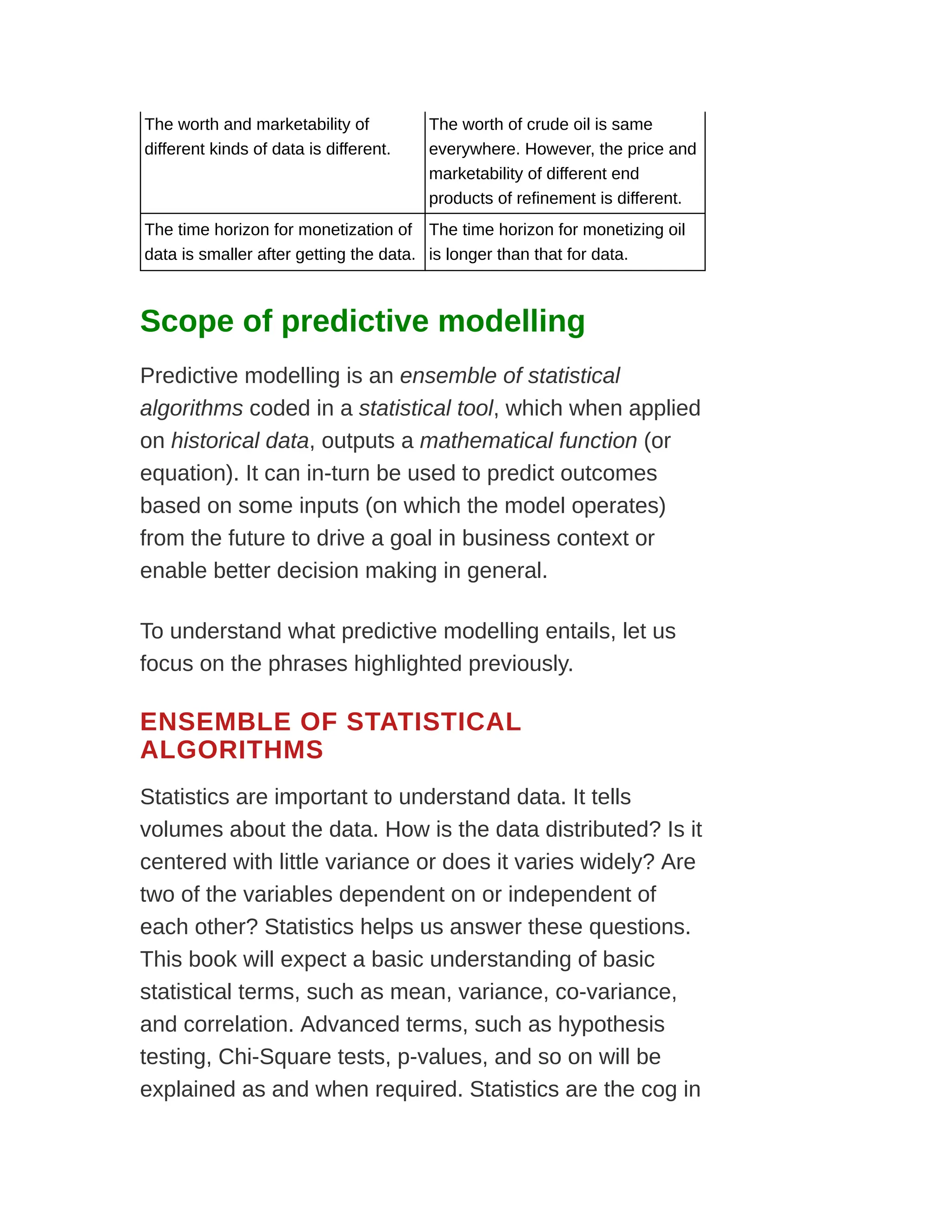 The worth and marketability of
different kinds of data is different.
The worth of crude oil is same
everywhere. However, the price and
marketability of different end
products of refinement is different.
The time horizon for monetization of
data is smaller after getting the data.
The time horizon for monetizing oil
is longer than that for data.
Scope of predictive modelling
Predictive modelling is an ensemble of statistical
algorithms coded in a statistical tool, which when applied
on historical data, outputs a mathematical function (or
equation). It can in-turn be used to predict outcomes
based on some inputs (on which the model operates)
from the future to drive a goal in business context or
enable better decision making in general.
To understand what predictive modelling entails, let us
focus on the phrases highlighted previously.
ENSEMBLE OF STATISTICAL
ALGORITHMS
Statistics are important to understand data. It tells
volumes about the data. How is the data distributed? Is it
centered with little variance or does it varies widely? Are
two of the variables dependent on or independent of
each other? Statistics helps us answer these questions.
This book will expect a basic understanding of basic
statistical terms, such as mean, variance, co-variance,
and correlation. Advanced terms, such as hypothesis
testing, Chi-Square tests, p-values, and so on will be
explained as and when required. Statistics are the cog in
 