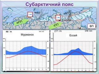Субарктичний пояс
У субарктичному поясі холодний клімат, велика частина атмосферних
опадів випадає в твердому виді, сніговий покрив лежить 7-8 місяців.
Для субарктичного пояса характерні багаторічна мерзлота.
На північному сході материка клімат значно суворіший.
ВП
Мурманск Ессей
 