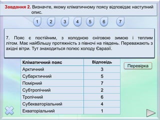 Завдання 2. Визначте, якому кліматичному поясу відповідає наступний
опис.
Кліматичний пояс Ответ
Арктичний
Субарктичний
Помірний
Субтропічний
Тропічний
Субекваторіальний
Екваторіальний
1 2 3 4 5 6 7
1. Не відбувається зміни пір року. Увесь рік переважають
постійні повітряні маси, високі температури, велика
кількість опадів. У цьому поясі розташовуються в
основному південні острови, наприклад, острови Індонезії.
2. Влітку переважають тропічні, а взимку - помірні
повітряні маси. Має три типи клімату. На заході -
середземноморський, на сході - мусонний. У західній
частині опади випадають взимку, на сході -
влітку. Уцентральній частині знаходиться нагір'я Тибет
3. Розташовується на крайній півночі Євразії. Впродовж
усього року переважає одна повітряна маса. Взимку
морозно, влітку холодно. В межах цього пояса
знаходяться острови Шпіцберген.
4. Влітку переважають екваторіальні повітряні маси, взимку тропічні. Є
перехідним кліматичним поясом, займає територію півостровів Індост
ан і Індокита
5. Влітку панують помірні повітряні маси, а взимку
арктичні. Опади випадають в літній період, викликаються
приходом помірних повітряних мас. У цьому поясі
знаходиться острів Ісландія.
6. Пояс відноситься до постійних, не простягається через
увесь материк, займає Аравійський півострів. Опадів мало
впродовж усього року, температури високі, особливо в
літній період.
7. Пояс є постійним, з холодною сніговою зимою і теплим
літом. Має найбільшу протяжність з півночі на південь. Переважають з
ахідні вітри. Тут знаходиться полюс холоду Євразії.
Відповідь
3
5
7
2
6
4
1
Перевірка
 