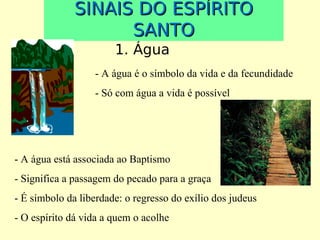 SINAIS DO ESPÍRITO
SANTO
1. Água
- A água é o símbolo da vida e da fecundidade
- Só com água a vida é possível

- A água está associada ao Baptismo
- Significa a passagem do pecado para a graça
- É símbolo da liberdade: o regresso do exílio dos judeus
- O espírito dá vida a quem o acolhe

 