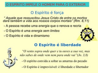 O ESPÍRITO IMPELE O HOMEM PARA O EXTERIOR

O Espírito é força
“ Aquele que ressuscitou Jesus Cristo de entre os mortos
dará também a vida aos nossos corpos mortais” (Rm. 8,11)
- A pessoa recebe uma energia que o renova e recria
- O Espírito é uma energia sem limites
- O Espírito é vida e dinamismo

O Espírito é liberdade
“O vento sopra onde quer e tu ouves a sua voz, mas
não sabes de onde vem nem para onde vai”(Jo. 3,8)
- O espírito convida a soltar as amarras do pecado
- O Espírito é imprevisível: é liberdade e libertador

 