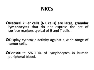 NKCs
Natural killer cells (NK cells) are large, granular
lymphocytes that do not express the set of
surface markers typical of B and T cells .
Display cytotoxic activity against a wide range of
tumor cells.
Constitute 5%–10% of lymphocytes in human
peripheral blood.
 