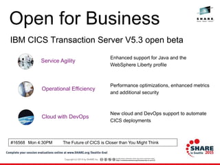 Service Agility
Enhanced support for Java and the
WebSphere Liberty profile
Cloud with DevOps
Operational Efficiency
Performance optimizations, enhanced metrics
and additional security
New cloud and DevOps support to automate
CICS deployments
Open for Business
IBM CICS Transaction Server V5.3 open beta
#16568 Mon 4:30PM The Future of CICS is Closer than You Might Think
 