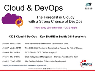 Throw away your umbrellas - CICS reigns
The Forecast is Cloudy
with a Strong Chance of DevOps
CICS Cloud & DevOps : Key SHARE in Seattle 2015 sessions
#16406 Mon 3:15PM What's New In the IBM Problem Determination Tools
#16567 Wed 4:30PM Five CICS Multi-Versioning Scenarios that Reduce the Risk of Change
#16563 Thu 1:45PM CICS Cloud + CICS DevOps = Agility^2
#16571 Thu 3:15PM CICS Policy Based Management—There’s a New Sheriff in Town
#16522 Thu 3:15PM IBM DevOps Solution: Collaborative Development
Cloud & DevOps
 