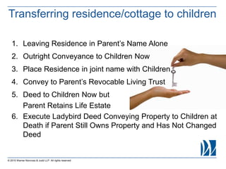 © 2015 Warner Norcross & Judd LLP. All rights reserved
Transferring residence/cottage to children
1. Leaving Residence in Parent’s Name Alone
2. Outright Conveyance to Children Now
3. Place Residence in joint name with Children
4. Convey to Parent’s Revocable Living Trust
5. Deed to Children Now but
Parent Retains Life Estate
6. Execute Ladybird Deed Conveying Property to Children at
Death if Parent Still Owns Property and Has Not Changed
Deed
 