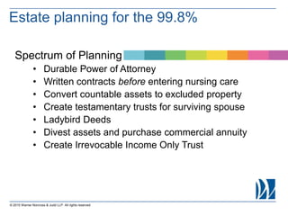 © 2015 Warner Norcross & Judd LLP. All rights reserved
Spectrum of Planning
• Durable Power of Attorney
• Written contracts before entering nursing care
• Convert countable assets to excluded property
• Create testamentary trusts for surviving spouse
• Ladybird Deeds
• Divest assets and purchase commercial annuity
• Create Irrevocable Income Only Trust
Estate planning for the 99.8%
 