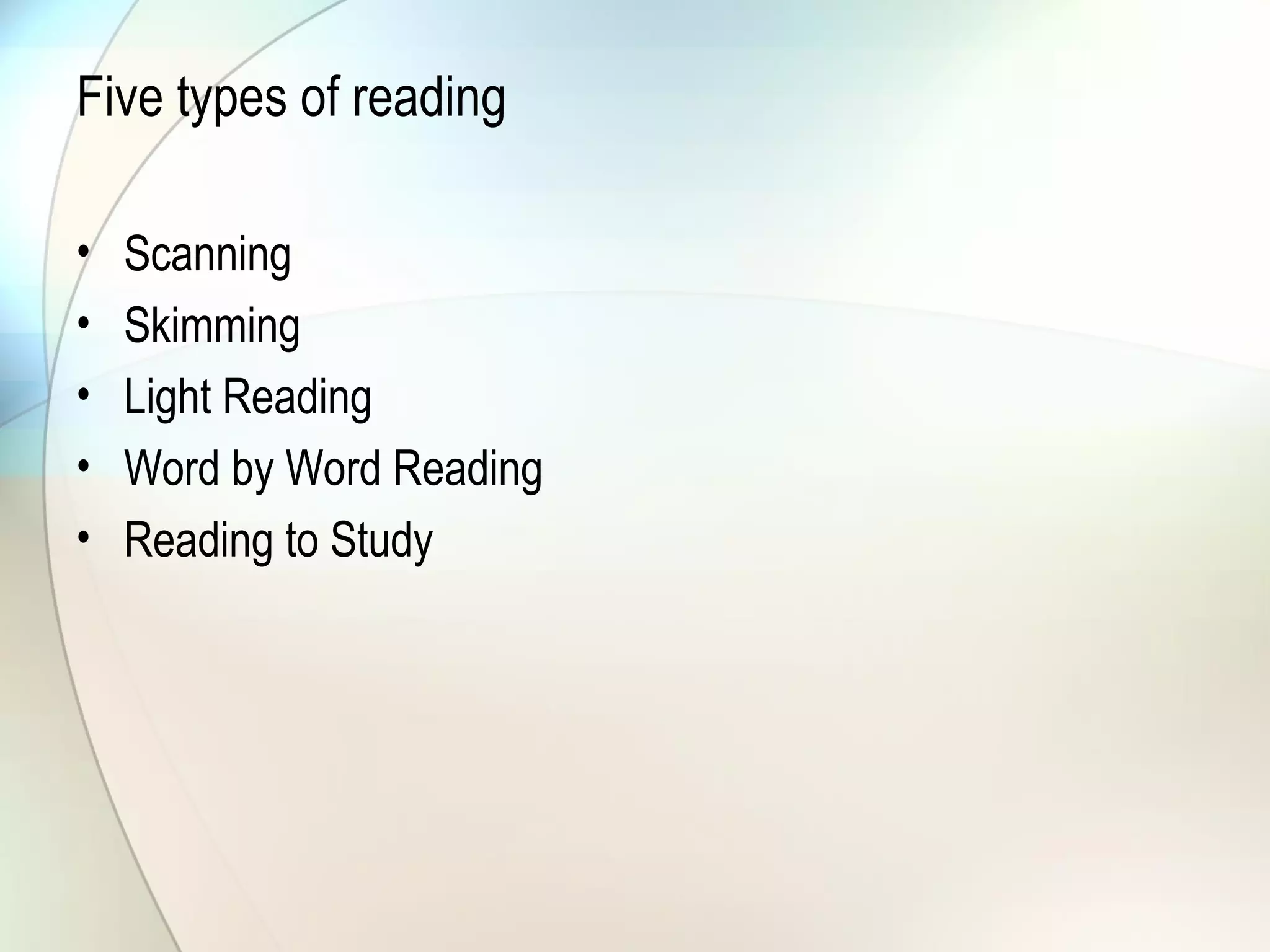 Five types of reading
• Scanning
• Skimming
• Light Reading
• Word by Word Reading
• Reading to Study
 