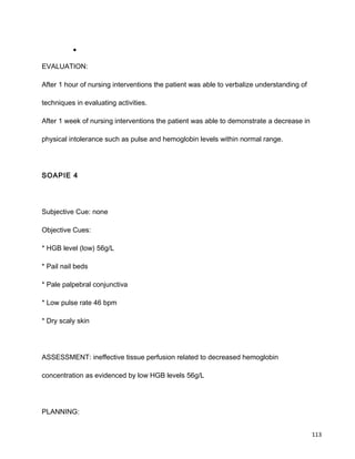 •
EVALUATION:
After 1 hour of nursing interventions the patient was able to verbalize understanding of
techniques in evaluating activities.
After 1 week of nursing interventions the patient was able to demonstrate a decrease in
physical intolerance such as pulse and hemoglobin levels within normal range.
SOAPIE 4
Subjective Cue: none
Objective Cues:
* HGB level (low) 56g/L
* Pail nail beds
* Pale palpebral conjunctiva
* Low pulse rate 46 bpm
* Dry scaly skin
ASSESSMENT: ineffective tissue perfusion related to decreased hemoglobin
concentration as evidenced by low HGB levels 56g/L
PLANNING:
113
 