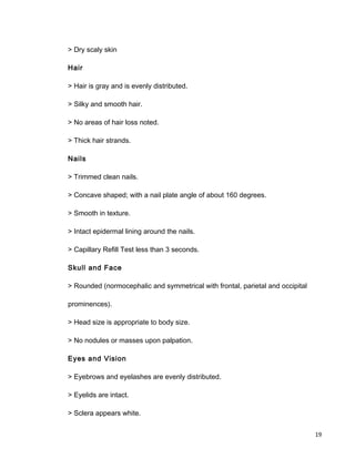 > Dry scaly skin
Hair
> Hair is gray and is evenly distributed.
> Silky and smooth hair.
> No areas of hair loss noted.
> Thick hair strands.
Nails
> Trimmed clean nails.
> Concave shaped; with a nail plate angle of about 160 degrees.
> Smooth in texture.
> Intact epidermal lining around the nails.
> Capillary Refill Test less than 3 seconds.
Skull and Face
> Rounded (normocephalic and symmetrical with frontal, parietal and occipital
prominences).
> Head size is appropriate to body size.
> No nodules or masses upon palpation.
Eyes and Vision
> Eyebrows and eyelashes are evenly distributed.
> Eyelids are intact.
> Sclera appears white.
19
 