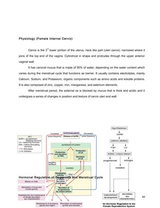 Physiology (Female Internal Cervix)
Cervix is the 3
rd
lower portion of the uterus, neck like part (uteri cervix), narrowed where it
joins of the top end of the vagina. Cylindrical in shape and protrudes through the upper anterior
vaginal wall.
It has cervical mucus that is made of 90% of water, depending on the water content which
varies during the menstrual cycle that functions as barrier. It usually contains electrolytes, mainly
Calcium, Sodium, and Potassium, organic components such as amino acids and soluble proteins.
It is also composed of zinc, copper, iron, manganese, and selenium elements.
After menstrual period, the external os is blocked by mucus that is thick and acidic and it
undergoes a series of changes in position and texture of cervix uteri and wall.
Hormonal Regulation of Oogenesis and Menstrual Cycle
49
 