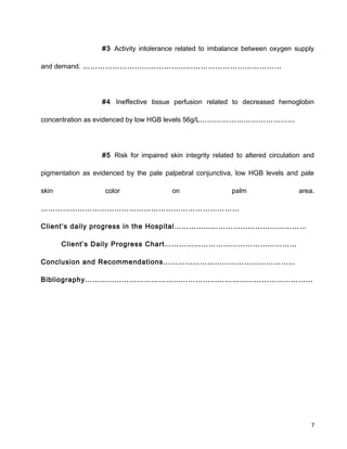 #3 Activity intolerance related to imbalance between oxygen supply
and demand. ………………………………………………………………………
#4 Ineffective tissue perfusion related to decreased hemoglobin
concentration as evidenced by low HGB levels 56g/L…………………………………
#5 Risk for impaired skin integrity related to altered circulation and
pigmentation as evidenced by the pale palpebral conjunctiva, low HGB levels and pale
skin color on palm area.
………………………………………………………………………
Client’s daily progress in the Hospital………………………………………………
Client’s Daily Progress Chart………………………………………………
Conclusion and Recommendations………………………………………………
Bibliography…………………………………………………………………………………
7
 