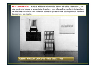 ARTE CONCEPTUAL. Aunque todas las tendencias parten de ideas y concepto , con 
este nombre se conoce a un conjunto de autores que planteaban mediante instalaciones 
de diferente naturaleza una reflexión sobre lo que es el arte, por lo general tienden a 
desaparecer los objetos 
JOSEPH KOSSUTH UNA, DOS Y TRES SILLAS 1965 
 