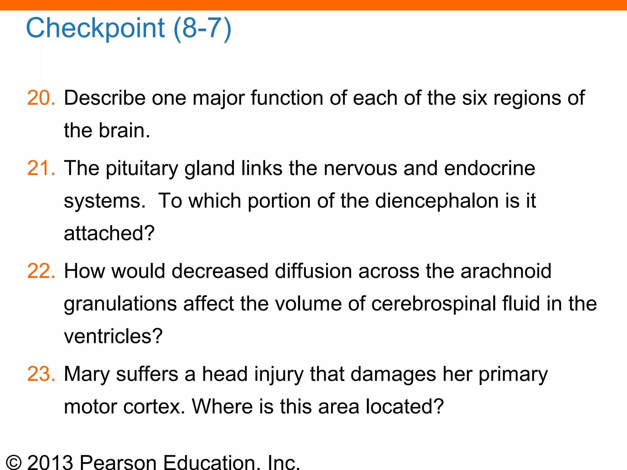 © 2013 Pearson Education, Inc.
Checkpoint (8-7)
20. Describe one major function of each of the six regions of
the brain.
21. The pituitary gland links the nervous and endocrine
systems. To which portion of the diencephalon is it
attached?
22. How would decreased diffusion across the arachnoid
granulations affect the volume of cerebrospinal fluid in the
ventricles?
23. Mary suffers a head injury that damages her primary
motor cortex. Where is this area located?
 