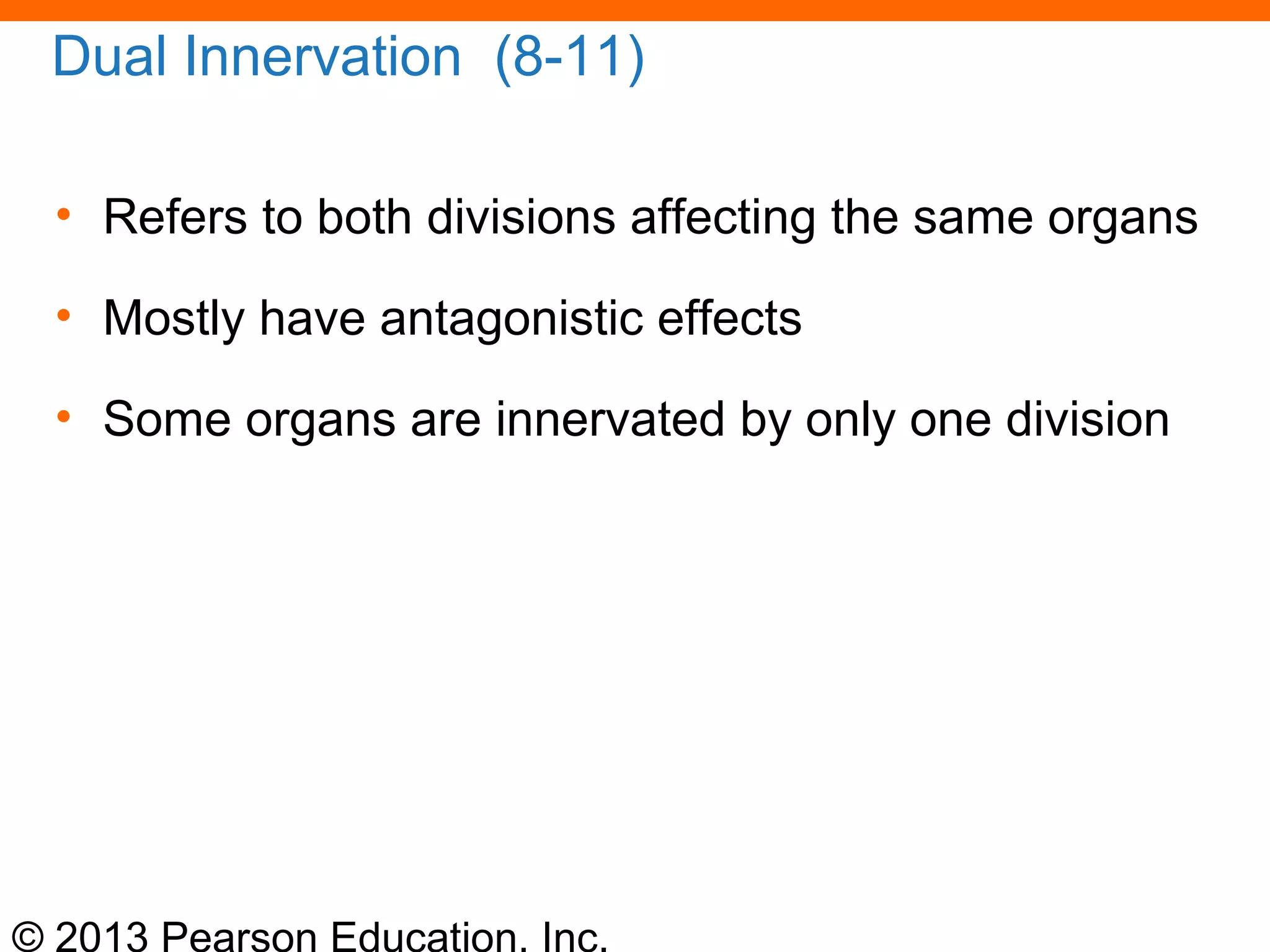 © 2013 Pearson Education, Inc.
Dual Innervation (8-11)
• Refers to both divisions affecting the same organs
• Mostly have antagonistic effects
• Some organs are innervated by only one division
 