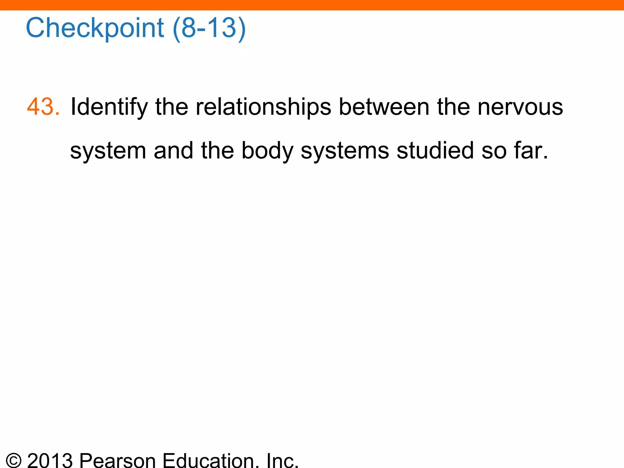 © 2013 Pearson Education, Inc.
Checkpoint (8-13)
43. Identify the relationships between the nervous
system and the body systems studied so far.
 