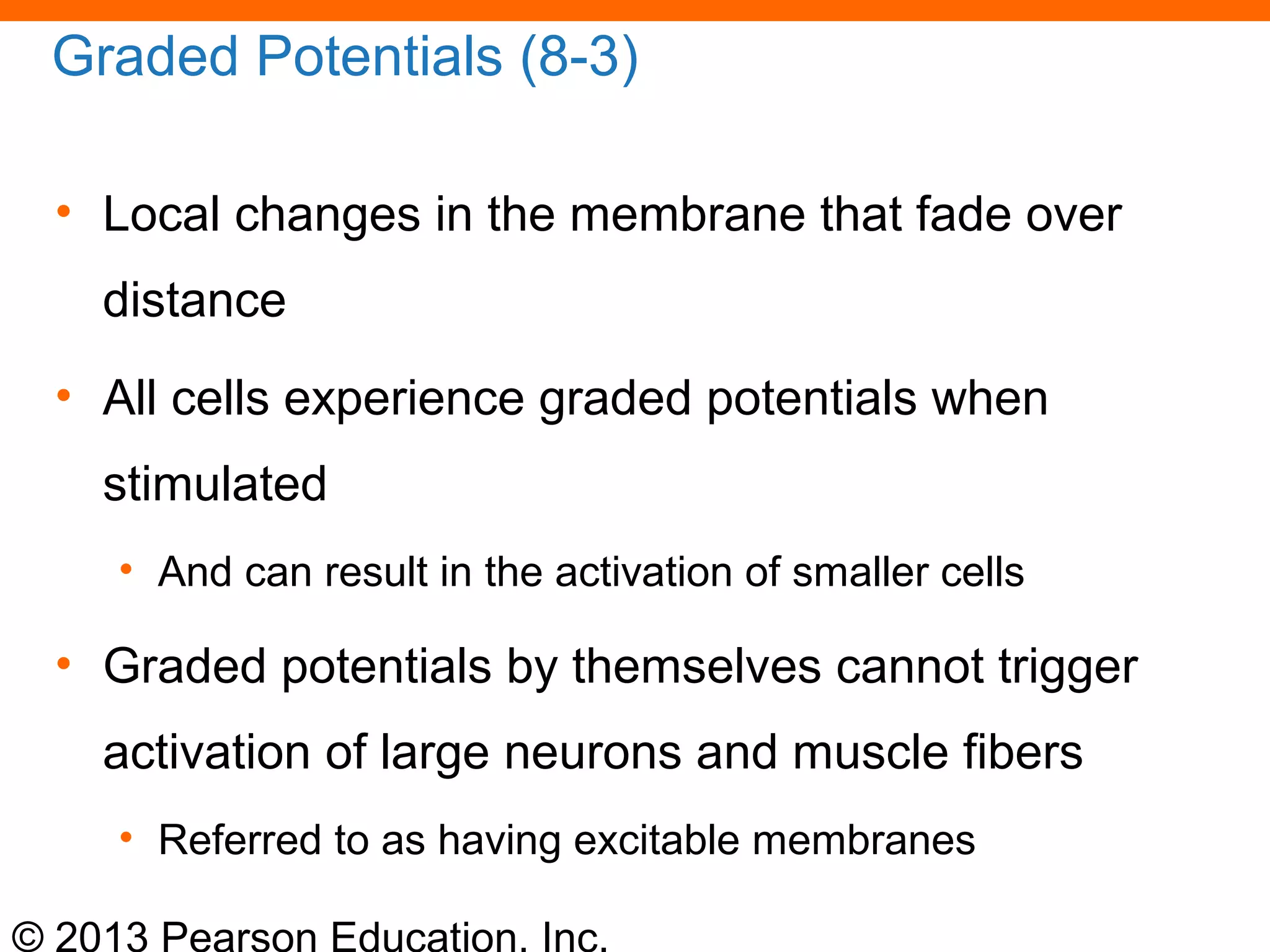 © 2013 Pearson Education, Inc.
Graded Potentials (8-3)
• Local changes in the membrane that fade over
distance
• All cells experience graded potentials when
stimulated
• And can result in the activation of smaller cells
• Graded potentials by themselves cannot trigger
activation of large neurons and muscle fibers
• Referred to as having excitable membranes
 