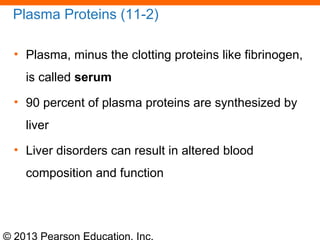 © 2013 Pearson Education, Inc.
Plasma Proteins (11-2)
• Plasma, minus the clotting proteins like fibrinogen,
is called serum
• 90 percent of plasma proteins are synthesized by
liver
• Liver disorders can result in altered blood
composition and function
 