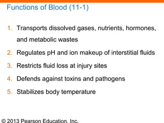 © 2013 Pearson Education, Inc.
Functions of Blood (11-1)
1. Transports dissolved gases, nutrients, hormones,
and metabolic wastes
2. Regulates pH and ion makeup of interstitial fluids
3. Restricts fluid loss at injury sites
4. Defends against toxins and pathogens
5. Stabilizes body temperature
 