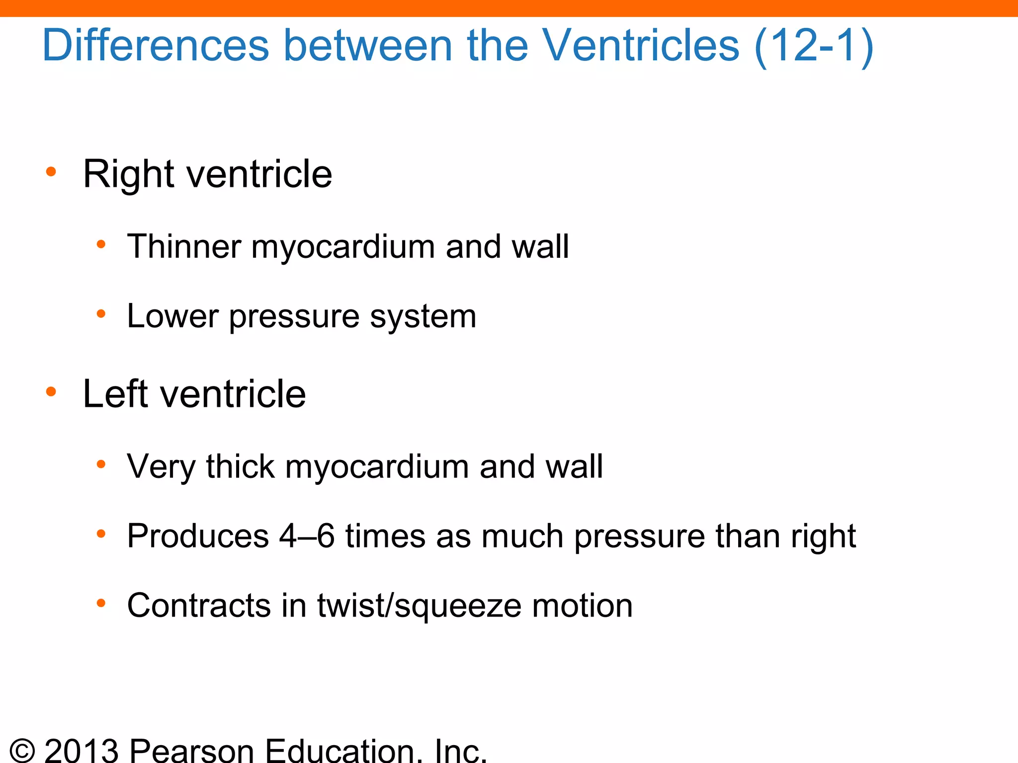 © 2013 Pearson Education, Inc.
Differences between the Ventricles (12-1)
• Right ventricle
• Thinner myocardium and wall
• Lower pressure system
• Left ventricle
• Very thick myocardium and wall
• Produces 4–6 times as much pressure than right
• Contracts in twist/squeeze motion
 