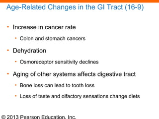 © 2013 Pearson Education, Inc.
Age-Related Changes in the GI Tract (16-9)
• Increase in cancer rate
• Colon and stomach cancers
• Dehydration
• Osmoreceptor sensitivity declines
• Aging of other systems affects digestive tract
• Bone loss can lead to tooth loss
• Loss of taste and olfactory sensations change diets
 