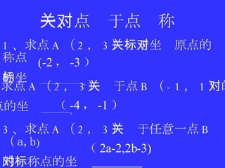 点关于点对称 一、点关于点对称 1 、求点 A （ 2 ， 3 ）关于坐标原点的对称点 的坐标 ——————。 2 、求点 A （ 2 ， 3 ）关于点 B （ -1 ， 1 ）的对 称点的坐标 ————。 (-2 ， -3 ） （ -4 ， -1 ） 3 、求点 A （ 2 ， 3 ）关于任意一点 B （ a,b ) 的对称点的坐标 ________  。 （ 2a-2,2b-3) 