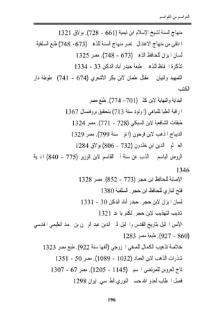 ‫ﺍﻟﻌﻮﺍﺻﻢ ﻣﻦ ﺍﻟﻘﻮﺍﺻﻢ‬


           ‫ﻣﻨﻬﺎﺝ ﺍﻟﺴﻨﺔ ﻟﺸﻴﺦ ﺍﻹﺳﻼﻡ ﺍﺑﻦ ﺗﻴﻤﻴﺔ )166 - 827(. ﺑﻮﻻﻕ 1231‬
 ‫ﺍﳌﻨﺘﻘﻰ ﻣﻦ ﻣﻨﻬﺎﺝ ﺍﻻﻋﺘﺪﺍﻝ ﳐﺘﺼﺮ ﻣﻨﻬﺎﺝ ﺍﻟﺴﻨﺔ ﻟﻠﺬﻫﱯ )376- 847( ﻃﺒﻊ ﺍﻟﺴﻠﻔﻴﺔ‬
                    ‫ﻟﺴﺎﻥ ﺍﳌﻴﺰﺍﻥ ﻟﻠﺤﺎﻓﻆ ﺍﻟﺬﻫﱯ )376 - 847(. ﻣﺼﺮ 5231‬
                   ‫ﺗﺬﻛﺮﺓ ﺍﳊﻔﺎﻅ ﻟﻠﺬﻫﱯ. ﻃﺒﻌﺔ ﺣﻴﺪﺭ ﺃﺑﺎﺩ ﺍﻟﺪﻛﻦ 33 - 4331‬
‫ﺍﻟﺘﻤﻬﻴﺪ ﻭﺍﻟﺒﻴﺎﻥ ﰲ ﻣﻘﺘﻞ ﻋﺜﻤﺎﻥ ﻻﺑﻦ ﺑﻜﺮ ﺍﻷﺷﻌﺮﻱ )476 - 147( ﳐﻄﻮﻃﺔ ﺩﺍﺭ‬
                                                                          ‫ﺍﻟﻜﺘﺐ‬
                           ‫ﺍﻟﺒﺪﺍﻳﺔ ﻭﺍﻟﻨﻬﺎﻳﺔ ﻻﺑﻦ ﻛﺜﲑ )107- 477(. ﻃﺒﻊ ﻣﺼﺮ‬
               ‫ﺍﳌﺮﺍﻗﺒﺔ ﺍﻟﻌﻠﻴﺎ ﻟﻠﻨﺒﺎﻫﻲ )ﺍﳌﻮﻟﻮﺩ ﺳﻨﺔ 317( ﺑﺘﺤﻘﻴﻖ ﺑﺮﻭﻓﻨﺴﺎﻝ 7631‬
                  ‫ﻃﺒﻘﺎﺕ ﺍﻟﺸﺎﻓﻌﻴﺔ ﻻﺑﻦ ﺍﻟﺴﺒﻜﻲ )827 - 177(. ﻣﺼﺮ 4231‬
                  ‫ﺍﻟﺪﻳﺒﺎﺝ ﺍﳌﺬﻫﺐ ﻻﺑﻦ ﻓﺮﺣﻮﻥ )ﺍﳌﺘﻮﰱ ﺳﻨﺔ 997(. ﻣﺼﺮ 9231‬
                    ‫ﺍﻟﻌﱪ ﻟﻮﱄ ﺍﻟﺪﻳﻦ ﺍﺑﻦ ﺧﻠﺪﻭﻥ )237 - 608( ﺑﻮﻻﻕ 4821‬
‫ﺍﻟﺮﻭﺽ ﺍﻟﺒﺎﺳﻢ ﰲ ﺍﻟﺬﺏ ﻋﻦ ﺳﻨﺔ ﺃﰊ ﺍﻟﻘﺎﺳﻢ ﻻﺑﻦ ﺍﻟﻮﺯﻳﺮ )577 - 048( ﺍﳌﻨﲑﻳﺔ‬
                                                               ‫6431‬
                      ‫ﺍﻹﺻﺎﺑﺔ ﻟﻠﺤﺎﻓﻆ ﺍﺑﻦ ﺣﺠﺮ )377 - 258(. ﻣﺼﺮ 8231‬
                                 ‫ﻓﺘﺢ ﺍﻟﺒﺎﺭﻱ ﻟﻠﺤﺎﻓﻆ ﺍﺑﻦ ﺣﺠﺮ. ﺍﻟﺴﻠﻔﻴﺔ 0831‬
                       ‫ﻟﺴﺎﻥ ﺍﳌﻴﺰﺍﻥ ﻻﺑﻦ ﺣﺠﺮ. ﺣﻴﺪﺭ ﺃﺑﺎﺩ ﺍﻟﺪﻛﻦ 03 - 1331‬
                               ‫ﻬﺗﺬﻳﺐ ﺍﻟﺘﻬﺬﻳﺐ ﻻﺑﻦ ﺣﺠﺮ. ﻟﻜﻨﻮ ﺑﺎﳍﻨﺪ 1231‬
‫ﺍﻷﻧﺲ ﺍﳉﻠﻴﻞ ﺑﺘﺎﺭﻳﺦ ﺍﻟﻘﺪﺱ ﻭﺍﳋﻠﻴﻞ ﺠﻤﻟﲑ ﺍﻟﺪﻳﻦ ﻋﺒﺪ ﺍﻟﺮﲪﻦ ﺑﻦ ﳏﻤﺪ ﺍﻟﻌﻠﻴﻤﻲ ﺍﳌﻘﺪﺳﻲ‬
                                            ‫)068 - 729(. ﻃﺒﻌﺔ ﻣﺼﺮ 3821‬
    ‫ﺧﻼﺻﺔ ﺗﺬﻫﻴﺐ ﺍﻟﻜﻤﺎﻝ ﻟﻠﺼﻔﻲ ﺍﳋﺰﺭﺟﻲ )ﺃﻟﻔﻬﺎ ﺳﻨﺔ 229(. ﻃﺒﻊ ﻣﺼﺮ 3231‬
          ‫ﺷﺬﺭﺍﺕ ﺍﻟﺬﻫﺐ ﻻﺑﻦ ﺍﻟﻌﻤﺎﺩ )2301 - 9801(. ﻣﺼﺮ 05 - 1531‬
        ‫ﺗﺎﺝ ﺍﻟﻌﺮﻭﺱ ﻟﻠﻤﺮﺗﻀﻰ ﺍﳊﺴﻴﲏ )5411 - 5021(. ﻣﺼﺮ 76 - 7031‬
                   ‫ﻓﺼﻞ ﺍﳋﻄﺎﺏ ﻟﻌﺪﻭ ﺍﷲ ﺣﺴﲔ ﺍﻟﻨﻮﺭﻱ ﺍﻟﻄﱪﺳﻲ. ﺇﻳﺮﺍﻥ 8921‬

                                    ‫691‬
 