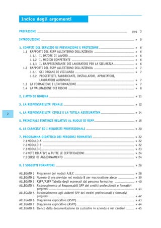 PREFAZIONE ................................................................................................................ pag 3
INTRODUZIONE .................................................................................................................... » 5
1. COMPITI DEL SERVIZIO DI PREVENZIONE E PROTEZIONE............................................ » 6
1.1 RAPPORTI DEL RSPP ALL'INTERNO DELL'AZIENDA .................................................. » 6
1.1.1 IL DATORE DI LAVORO .................................................................................. » 6
1.1.2 IL MEDICO COMPETENTE .............................................................................. » 6
1.1.3 IL RAPPRESENTANTE DEI LAVORATORI PER LA SICUREZZA.......................... » 6
1.2 RAPPORTI DEL RSPP ALL'ESTERNO DELL'AZIENDA .................................................. » 7
1.2.1 GLI ORGANI DI VIGILANZA .......................................................................... » 7
1.2.2 PROGETTISTI, FABBRICANTI, INSTALLATORI, APPALTATORI,
LAVORATORI AUTONOMI................................................................................ » 7
1.3 LA FORMAZIONE E L'INFORMAZIONE ........................................................................ » 7
1.4 LA VALUTAZIONE DEI RISCHI .................................................................................. » 8
2. L'ATTO DI NOMINA .......................................................................................................... » 11
3. LA RESPONSABILITA' PENALE ........................................................................................ » 12
4. LA RESPONSABILITA' CIVILE E LA TUTELA ASSICURATIVA.......................................... » 14
5. PRINCIPALI SENTENZE RELATIVE AL RUOLO DI RSPP.................................................. » 15
6. LE CAPACITA' ED I REQUISITI PROFESSIONALI ............................................................ » 20
7. PROGRAMMA DIDATTICO DEI PERCORSI FORMATIVI .................................................... » 22
7.1MODULO A .................................................................................................................. » 22
7.2MODULO B .................................................................................................................. » 22
7.3MODULO C.................................................................................................................... » 23
7.4NOTE RELATIVE A TUTTE LE CERTIFICAZIONI.............................................................. » 24
7.5CORSI DI AGGIORNAMENTO ........................................................................................ » 24
8. I SOGGETTI FORMATORI .................................................................................................. » 26
ALLEGATO 1 Programmi dei moduli A,B,C .......................................................................... » 28
ALLEGATO 2 Numero di ore previste nel modulo B per macrosettore ateco .................... » 39
ALLEGATO 3 RSPP/ASPP Tabella degli esonerati dal percorso formativo ........................ » 40
ALLEGATO 4 Riconoscimento ai Responsabili SPP dei crediti professionali e formativi
pregressi .......................................................................................................... » 41
ALLEGATO 5 Riconoscimento agli Addetti SPP dei crediti professionali e formativi
pregressi .......................................................................................................... » 42
ALLEGATO 6 Diagramma esplicativo (RSPP)........................................................................ » 43
ALLEGATO 7 Diagramma esplicativo (ASPP)........................................................................ » 44
ALLEGATO 8 Elenco della documentazione da custodire in azienda e nei cantieri .......... » 45
Indice degli argomenti
2
 