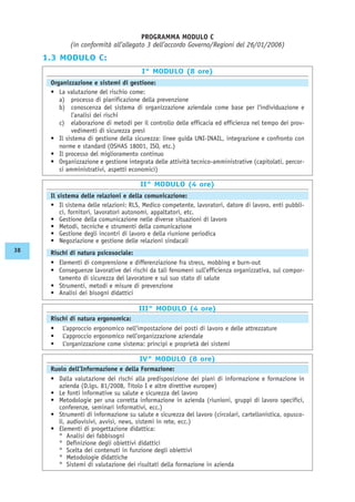 PROGRAMMA MODULO C
(in conformità all’allegato 3 dell’accordo Governo/Regioni del 26/01/2006)
1.3 MODULO C:
I° MODULO (8 ore)
Organizzazione e sistemi di gestione:
• La valutazione del rischio come:
a) processo di pianificazione della prevenzione
b) conoscenza del sistema di organizzazione aziendale come base per l’individuazione e
l’analisi dei rischi
c) elaborazione di metodi per il controllo delle efficacia ed efficienza nel tempo dei prov-
vedimenti di sicurezza presi
• Il sistema di gestione della sicurezza: linee guida UNI-INAIL, integrazione e confronto con
norme e standard (OSHAS 18001, ISO, etc.)
• Il processo del miglioramento continuo
• Organizzazione e gestione integrata delle attività tecnico-amministrative (capitolati, percor-
si amministrativi, aspetti economici)
II° MODULO (4 ore)
Il sistema delle relazioni e della comunicazione:
• Il sistema delle relazioni: RLS, Medico competente, lavoratori, datore di lavoro, enti pubbli-
ci, fornitori, lavoratori autonomi, appaltatori, etc.
• Gestione della comunicazione nelle diverse situazioni di lavoro
• Metodi, tecniche e strumenti della comunicazione
• Gestione degli incontri di lavoro e della riunione periodica
• Negoziazione e gestione delle relazioni sindacali
Rischi di natura psicosociale:
• Elementi di comprensione e differenziazione fra stress, mobbing e burn-out
• Conseguenze lavorative dei rischi da tali fenomeni sull’efficienza organizzativa, sul compor-
tamento di sicurezza del lavoratore e sul suo stato di salute
• Strumenti, metodi e misure di prevenzione
• Analisi dei bisogni didattici
IV° MODULO (8 ore)
Ruolo dell’Informazione e della Formazione:
• Dalla valutazione dei rischi alla predisposizione dei piani di informazione e formazione in
azienda (D.lgs. 81/2008, Titolo I e altre direttive europee)
• Le fonti informative su salute e sicurezza del lavoro
• Metodologie per una corretta informazione in azienda (riunioni, gruppi di lavoro specifici,
conferenze, seminari informativi, ecc.)
• Strumenti di informazione su salute e sicurezza del lavoro (circolari, cartellonistica, opusco-
li, audiovisivi, avvisi, news, sistemi in rete, ecc.)
• Elementi di progettazione didattica:
° Analisi dei fabbisogni
° Definizione degli obiettivi didattici
° Scelta dei contenuti in funzione degli obiettivi
° Metodologie didattiche
° Sistemi di valutazione dei risultati della formazione in azienda
III° MODULO (4 ore)
Rischi di natura ergonomica:
• L’approccio ergonomico nell’impostazione dei posti di lavoro e delle attrezzature
• L’approccio ergonomico nell’organizzazione aziendale
• L’organizzazione come sistema: principi e proprietà dei sistemi
38
 