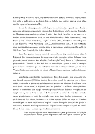 82
Romão (100%). Wilson das Neves, que entrevistamos como parte do trabalho de campo (embora
isto tenha se dado antes da escolha do foco do trabalho nas revistas), aparece nessa tabela
também graças exclusivamente a Mref.
O caso dos músicos presentes na tabela graças principalmente a Mpaut é menos drástico,
pois, como afirmamos, este conjunto está mais bem distribuído que Mref (o máximo de entradas
em Mpaut por um mesmo instrumentista é 5, contra 10 de Mref). Na ordem em que aparecem na
tabela 4 (ordem decrescente de total), são eles: Ringo Starr (62%), Mike Portnoy (57%), Terry
Bozzio (83%), Maurício Leite (50%), Douglas Las Casas (80%), Alaor Neves, Stewart Copeland
e Vera Figueiredo (60%), André Jung (100%), Albino Infantozzih (50%). O caso de Mcart é
ainda menos drástico, e podemos ressaltar, como já mencionamos anteriormente, Charles Gavin,
Neil Peart, Carter Beauford, além de Travis Barker.
Outro dado que nos chama a atenção é a enorme lacuna de percussionistas na tabela 4.
Existem, é fato, instrumentistas que têm como característica marcante a mistura da bateria com a
percussão, como é o caso de Airto Moreira e Pupilo (Nação Zumbi). Dentre os “exclusivamente
percussionistas”, somente Da Lua tem mais de uma citação. Apenas a título de exemplo,
percussionistas brasileiros que são referência nacional e internacionalmente, como Naná
Vasconcelos (apenas uma entrada, em Mpaut) e Marcos Suzano (nenhuma citação) não figuram
na tabela.
Questões de gênero também recortam nossos dados. Em relação a esse tema, cabe notar
que Bernard Lehmann (1998) fala também da oposição sexual da orquestra, com os termos
usados pelas cordas e sopros para definirem-se um ao outro: as primeiras identificadas como,
entre outros, “as mocinhas”; os segundos como “os grosseiros”. A diferença na relação dessas
famílias de instrumentos com o corpo é lembrada pelo autor francês, e definida como próxima em
relação aos sopros e distante nas cordas. Lehmann conduz a análise das questões corporal e
sexual principalmente a partir da oposição entre essas duas famílias instrumentais – e
particularmente dos metais. Entretanto, ele dedica algumas linhas ao naipe de percussão
entendido por ele como essencialmente corporal. Através do espelho entre palco e platéia já
mencionado, Lehmann define a percussão como corporal: o autor compara os lugares das últimas
fileiras da sala com esse naipe da orquestra. Em suas palavras:
Esses lugares requerem certa resistência física [pois, por causa de sua posição,
necessitam que aqueles que os ocupam realizem ‘todo tipo de contorção’] e por
 
