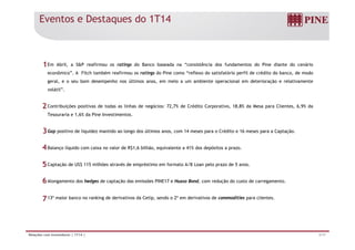 Eventos e Destaques do 1T14
Em Abril, a S&P reafirmou os ratings do Banco baseada na “consistência dos fundamentos do Pine diante do cenário1
econômico”. A Fitch também reafirmou os ratings do Pine como “reflexo do satisfatório perfil de crédito do banco, de modo
geral, e o seu bom desempenho nos últimos anos, em meio a um ambiente operacional em deterioração e relativamente
volátil”.
Contribuições positivas de todas as linhas de negócios: 72,7% de Crédito Corporativo, 18,8% da Mesa para Clientes, 6,9% da
Tesouraria e 1,6% da Pine Investimentos.
2
Gap positivo de liquidez mantido ao longo dos últimos anos, com 14 meses para o Crédito e 16 meses para a Captação.
Balanço líquido com caixa no valor de R$1,6 bilhão, equivalente a 41% dos depósitos a prazo.
3
4
Captação de US$ 115 milhões através de empréstimo em formato A/B Loan pelo prazo de 5 anos.
Alongamento dos hedges de captação das emissões PINE17 e Huaso Bond com redução do custo de carregamento
5
6Alongamento dos hedges de captação das emissões PINE17 e Huaso Bond, com redução do custo de carregamento.
13º maior banco no ranking de derivativos da Cetip, sendo o 2º em derivativos de commodities para clientes.
6
7
3/17Relações com Investidores | 1T14 |
 