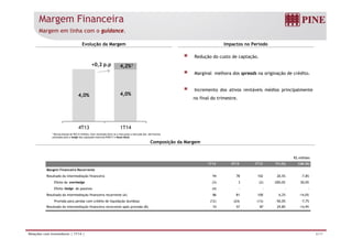 Margem Financeira
Margem em linha com o guidance.
Evolução da Margem Impactos no Período
4,2%1+0,2 p.p
Redução do custo de captação.
4,0% 4,0%
,
Marginal melhora dos spreads na originação de crédito.
Incremento dos ativos rentáveis médios principalmente
4,0% ,
no final do trimestre.
Composição da Margem
4T13 1T14
1 Reconciliação de R$3,9 milhões. Este resultado deve-se a marcação a mercado dos derivativos
utilizados para o hedge das captações externas PINE17 e Huaso Bond.
R$ milhões
1T14 4T13 1T13 Tri (%) 12M (%)
Margem Financeira Recorrente
Resultado da intermediação financeira 94 78 102 20,5% -7,8%
f d h dEfeito do overhedge (3) 3 (2) -200,0% 50,0%
Efeito hedge de passivos (4) - - - -
Resultado da intermediação financeira recorrente (A) 86 81 100 6,2% -14,0%
Provisão para perdas com crédito de liquidação duvidosa (12) (24) (13) -50,0% -7,7%
Resultado da intermediação financeira recorrente após provisão (B) 74 57 87 29,8% -14,9%
6/17Relações com Investidores | 1T14 |
 