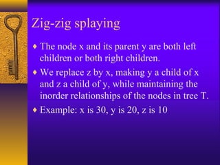 Zig-zig splaying
♦ The node x and its parent y are both left
children or both right children.
♦ We replace z by x, making y a child of x
and z a child of y, while maintaining the
inorder relationships of the nodes in tree T.
♦ Example: x is 30, y is 20, z is 10
 