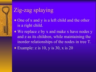 Zig-zag splaying
♦ One of x and y is a left child and the other
is a right child.
♦ We replace z by x and make x have nodes y
and z as its children, while maintaining the
inorder relationships of the nodes in tree T.
♦ Example: z is 10, y is 30, x is 20
 