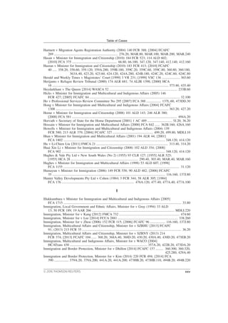 Hartnett v Migration Agents Registration Authority (2004) 140 FCR 388; [2004] FCAFC
269 .......................................................................... 276.20, MAR.80, MAR.100, MAR.200, MAR.240
Hasan v Minister for Immigration and Citizenship (2010) 184 FCR 523; 114 ALD 602;
[2010] FCA 375 .................................................... 66.80, 66.100, 347.120, 347.140, 412.140, 412.160
Hasran v Minister for Immigration and Citizenship (2010) 183 FCR 413; [2010] FCAFC
40 ..... 358.20, 358.60, 359.120, 359A.280, 359B.180, 359C.20, 359C.60, 359C.80, 360.80, 360.180,
363A.40, 423.20, 423.60, 424.120, 424A.280, 424B.180, 424C.20, 424C.60, 424C.80
Herald and Weekly Times v Magistrates’ Court [1999] 3 VR 231; [1999] VSC 136 ..................... 365.60
Herijanto v Refugee Review Tribunal (2000) 174 ALR 681; 74 ALJR 1398; [2000] HCA
16 ....................................................................................................................................... 373.40, 435.40
Heydarkhani v The Queen [2014] WASCA 52 ............................................................................... 233B.60
Hicks v Minister for Immigration and Multicultural and Indigenous Affairs (2005) 146
FCR 427; [2005] FCAFC 84 ......................................................................................................... 32.100
Ho v Professional Services Review Committee No 295 [2007] FCA 388 ................. 137L.60, 473DD.30
Hong v Minister for Immigration and Multicultural and Indigenous Affairs [2004] FCAFC
1308 ................................................................................................................................... 363.20, 427.20
Horne v Minister for Immigration and Citizenship (2008) 101 ALD 143; 246 ALR 380;
[2008] FCA 581 .......................................................................................................................... 494A.20
Horvath v Secretary of State for the Home Department [2001] 1 AC 489 ............................. 5J.20, 36.20
Hossain v Minister for Immigration and Multicultural Affairs [2000] FCA 842 ...... 362B.160, 426A.160
Howells v Minister for Immigration and Multicultural and Indigenous Affairs (2004) 139
FCR 580; 213 ALR 379; [2004] FCAFC 327 ............................................... 499.20, 499.80, MDLI.10
Htun v Minister for Immigration and Multicultural Affairs (2001) 194 ALR 44; [2001]
FCA 1802 ...................................................................................................................... 348.120, 414.120
Hu v Li-Chien Liu [2011] FMCA 21 ................................................................................... 313.40, 314.20
Huai Xin Li v Minister for Immigration and Citizenship (2008) 102 ALD 354; [2008]
FCA 902 ........................................................................................................................ 348.120, 414.120
Hughes & Vale Pty Ltd v New South Wales (No 2) (1955) 93 CLR 127; [1955] ALR 525;
[1955] HCA 28 .............................................................................. 290.40, 303.40, MAR.40, MAR.160
Hughes v Minister for Immigration and Multicultural Affairs (1998) 53 ALD 607; [1998]
FCA 1155 ....................................................................................................................................... 31.120
Humayun v Minister for Immigration (2006) 149 FCR 558; 90 ALD 482; [2006] FCAFC
35 ................................................................................................................................... 116.160, 137J.80
Hunter Valley Developments Pty Ltd v Cohen (1984) 3 FCR 344; 58 ALR 305; [1984]
FCA 176 .................................................................................... 476A.120, 477.40, 477A.40, 477A.100
I
Illukkumbura v Minister for Immigration and Multicultural and Indigenous Affairs [2005]
FCA 1715 ......................................................................................................................................... 33.80
Immigration, Local Government and Ethnic Affairs, Minister for v Gray (1994) 33 ALD
13; 50 FCR 189; 19 AAR 266 ................................................................................................ MDLI.220
Immigration, Minister for v Kang [2012] FMCA 732 ...................................................................... 474.60
Immigration, Minister for v Lee [2014] FCCA 2881 ...................................................................... 338.260
Immigration, Minister for v Zhou (2006) 152 FCR 115; [2006] FCAFC 96 .................. 116.160, 137J.80
Immigration, Multicultural Affairs and Citizenship, Minister for v SZRHU [2013] FCAFC
91; (2013) 215 FCR 35 ................................................................................................................... 36.20
Immigration, Multicultural Affairs and Citizenship, Minister for v SZRNY (2013) 214
FCR 374; [2013] FCAFC 104 ...... 368.20, 368A.40, 368D.20, 430.20, 430A.40, 430D.20, 473EB.20
Immigration, Multicultural and Indigenous Affairs, Minister for v WACO [2004]
HCATrans 430 .......................................................................................... 357A.20, 422B.20, 473DA.20
Immigration and Border Protection, Minister for v Dhillon [2014] FCAFC 157 ......... 360.300, 360.320,
425.280, 429A.40
Immigration and Border Protection, Minister for v Kim (2014) 220 FCR 494; [2014] FCA
390 ................. 379A.20, 379A.200, 441A.20, 441A.200, 473HB.20, 473HB.110, 494B.20, 494B.220
Table of Cases
© 2016 THOMSON REUTERS xxv
 