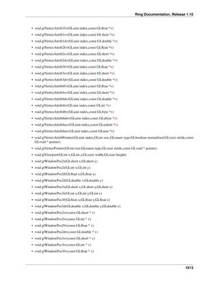 Ring Documentation, Release 1.10
• void glVertexAttrib1fv(GLuint index,const GLﬂoat *v)
• void glVertexAttrib1sv(GLuint index,const GLshort *v)
• void glVertexAttrib1dv(GLuint index,const GLdouble *v)
• void glVertexAttrib2fv(GLuint index,const GLﬂoat *v)
• void glVertexAttrib2sv(GLuint index,const GLshort *v)
• void glVertexAttrib2dv(GLuint index,const GLdouble *v)
• void glVertexAttrib3fv(GLuint index,const GLﬂoat *v)
• void glVertexAttrib3sv(GLuint index,const GLshort *v)
• void glVertexAttrib3dv(GLuint index,const GLdouble *v)
• void glVertexAttrib4fv(GLuint index,const GLﬂoat *v)
• void glVertexAttrib4sv(GLuint index,const GLshort *v)
• void glVertexAttrib4dv(GLuint index,const GLdouble *v)
• void glVertexAttrib4iv(GLuint index,const GLint *v)
• void glVertexAttrib4bv(GLuint index,const GLbyte *v)
• void glVertexAttrib4ubv(GLuint index,const GLubyte *v)
• void glVertexAttrib4usv(GLuint index,const GLushort *v)
• void glVertexAttrib4uiv(GLuint index,const GLuint *v)
• void glVertexAttribPointer(GLuint index,GLint size,GLenum type,GLboolean normalized,GLsizei stride,const
GLvoid * pointer)
• void glVertexPointer(GLint size,GLenum type,GLsizei stride,const GLvoid * pointer)
• void glViewport(GLint x,GLint y,GLsizei width,GLsizei height)
• void glWindowPos2s(GLshort x,GLshort y)
• void glWindowPos2i(GLint x,GLint y)
• void glWindowPos2f(GLﬂoat x,GLﬂoat y)
• void glWindowPos2d(GLdouble x,GLdouble y)
• void glWindowPos3s(GLshort x,GLshort y,GLshort z)
• void glWindowPos3i(GLint x,GLint y,GLint z)
• void glWindowPos3f(GLﬂoat x,GLﬂoat y,GLﬂoat z)
• void glWindowPos3d(GLdouble x,GLdouble y,GLdouble z)
• void glWindowPos2sv(const GLshort * v)
• void glWindowPos2iv(const GLint * v)
• void glWindowPos2fv(const GLﬂoat * v)
• void glWindowPos2dv(const GLdouble * v)
• void glWindowPos3sv(const GLshort * v)
• void glWindowPos3iv(const GLint * v)
• void glWindowPos3fv(const GLﬂoat * v)
1613
 