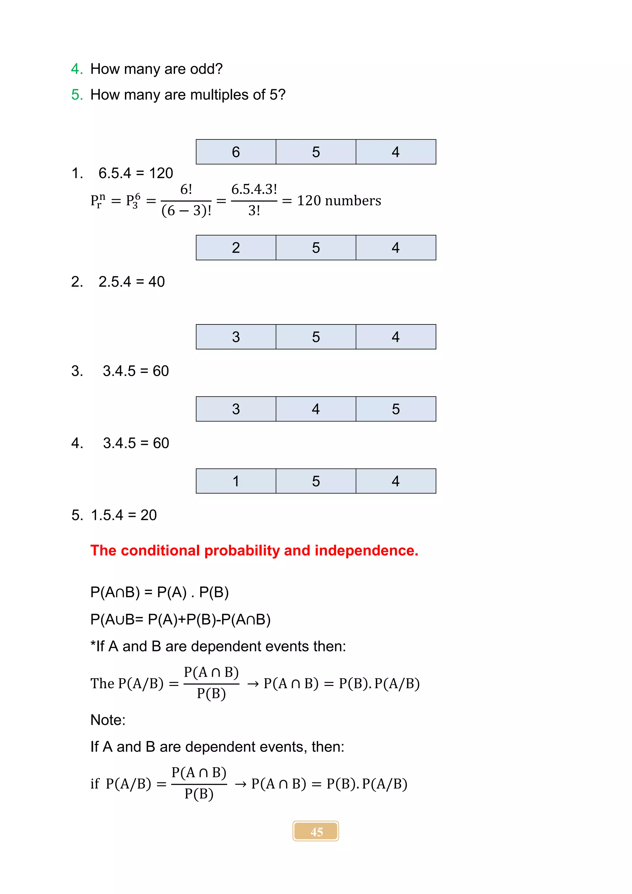 45
4. How many are odd?
5. How many are multiples of 5?
6 5 4
1. 6.5.4 = 120
Pr
n
= P3
6
=
6!
(6 − 3)!
=
6.5.4.3!
3!
= 120 numbers
2 5 4
2. 2.5.4 = 40
3 5 4
3. 3.4.5 = 60
3 4 5
4. 3.4.5 = 60
1 5 4
5. 1.5.4 = 20
The conditional probability and independence.
P(A∩B) = P(A) . P(B)
P(A∪B= P(A)+P(B)-P(A∩B)
*If A and B are dependent events then:
The P(A/B) =
P(A ∩ B)
P(B)
→ P(A ∩ B) = P(B). P(A/B)
Note:
If A and B are dependent events, then:
if P(A/B) =
P(A ∩ B)
P(B)
→ P(A ∩ B) = P(B). P(A/B)
 