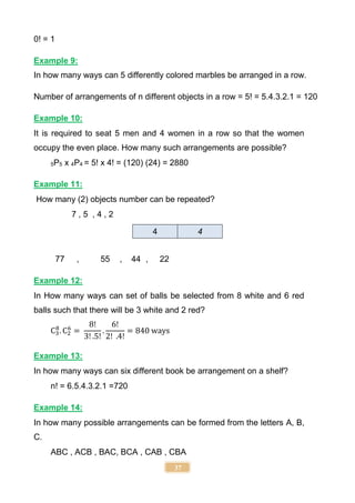 37
0! = 1
Example 9:
In how many ways can 5 differently colored marbles be arranged in a row.
Number of arrangements of n different objects in a row = 5! = 5.4.3.2.1 = 120
Example 10:
It is required to seat 5 men and 4 women in a row so that the women
occupy the even place. How many such arrangements are possible?
5P5 x 4P4 = 5! x 4! = (120) (24) = 2880
Example 11:
How many (2) objects number can be repeated?
7 , 5 , 4 , 2
4 4
77 , 55 , 44 , 22
Example 12:
In How many ways can set of balls be selected from 8 white and 6 red
balls such that there will be 3 white and 2 red?
C3
8
. C2
6
=
8!
3! .5!
.
6!
2! .4!
= 840 ways
Example 13:
In how many ways can six different book be arrangement on a shelf?
n! = 6.5.4.3.2.1 =720
Example 14:
In how many possible arrangements can be formed from the letters A, B,
C.
ABC , ACB , BAC, BCA , CAB , CBA
 