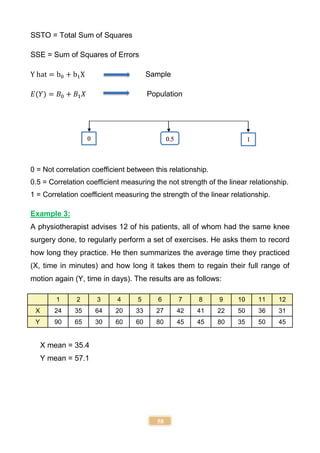 58
SSTO = Total Sum of Squares
SSE = Sum of Squares of Errors
Y hat = b0 + b1X Sample
𝐸(𝑌) = 𝐵0 + 𝐵1𝑋 Population
0 = Not correlation coefficient between this relationship.
0.5 = Correlation coefficient measuring the not strength of the linear relationship.
1 = Correlation coefficient measuring the strength of the linear relationship.
Example 3:
A physiotherapist advises 12 of his patients, all of whom had the same knee
surgery done, to regularly perform a set of exercises. He asks them to record
how long they practice. He then summarizes the average time they practiced
(X, time in minutes) and how long it takes them to regain their full range of
motion again (Y, time in days). The results are as follows:
1 2 3 4 5 6 7 8 9 10 11 12
X 24 35 64 20 33 27 42 41 22 50 36 31
Y 90 65 30 60 60 80 45 45 80 35 50 45
X mean = 35.4
Y mean = 57.1
0.5
0 1
 