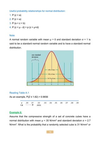 75
Useful probability relationships for normal distribution:
1. P (z < a)
2. P (z > a)
3. P (a < z < b)
4. P (z < µ - d) = p (z > µ+d)
Note:
A normal random variable with mean μ = 0 and standard deviation σ = 1 is
said to be a standard normal random variable and to have a standard normal
distribution.
Reading Table A.1
As an example, P(Z ≤ 1.82) = 0.9656
Example 6:
Assume that the compressive strength of a set of concrete cubes have a
normal distribution with mean µ = 35 N/mm2
and standard deviation σ = 2.7
N/mm2
. What is the probability that a randomly selected cube is 31 N/mm2
or
 