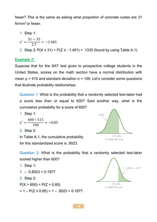 76
fewer? This is the same as asking what proportion of concrete cubes are 31
N/mm2
or fewer.
1. Step 1:
z∗
=
31 − 35
2.7
= −1.481
2. Step 2: P(X ≤ 31) = P(Z ≤ - 1.481) = .1335 (found by using Table A.1)
Example 7:
Suppose that for the SAT test given to prospective college students in the
United States, scores on the math section have a normal distribution with
mean μ = 515 and standard deviation σ = 100. Let’s consider some questions
that illustrate probability relationships.
Question 1: What is the probability that a randomly selected test-taker had
a score less than or equal to 600? Said another way, what is the
cumulative probability for a score of 600?
1. Step 1:
z∗
=
600 ∗ 515
100
= −0.85
2. Step 2:
In Table A.1, the cumulative probability
for this standardized score is .8023.
Question 2: What is the probability that a randomly selected test-taker
scored higher than 600?
1. Step 1:
1 – 0.8023 = 0.1977
2. Step 2:
P(X > 600) = P(Z > 0.85)
= 1 – P(Z ≤ 0.85) = 1 – .8023 = 0.1977.
 