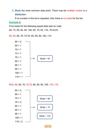 10
3. Mode the most common data point. There may be multiple modes in a
distribution.
If no number in the list is repeated, then there is no mode for the list.
Example 6:
Find mode for the following speed data sets on road:
60, 73, 85, 65, 90, 100, 60, 70, 95, 110, 75 km/hr
60, 60, 65, 70, 73,75, 85, 90, 95, 100, 110
60 = 2
65 = 1
70 = 1
73 = 1
75 = 1
85 = 1
90 = 1
95 = 1
100 = 1
110 = 1
If 60, 60, 65, 70, 75,75, 85, 90, 95, 100, 110, 110
60 = 2
65 = 1
70 = 1
75 = 2
85 = 1
90 = 1
95 = 1
100 = 1
110 = 2
Mode = 65
Mode = 60
Mode = 110
Mode = 75
 