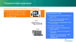 Поддержка виртуализации
Виртуализация на рабочем месте
q  Jabber для Windows/VXME 9.7
q  Citrix Xen Desktop и Xen App
q  VMWare View
UCS -C
Виртуализация в ЦОД
q  Полный переход на виртуализацию с
версии 10.0
q  Низкий TCO ввиду эффективного
использования ресурсов
q  Все компоненты поддерживают ESXi
5.1/5.5 и выше
q  Поддержка Nexus 1000V
q  Гибкость в выборе платформы для
развертывания
ü  Cisco UCS – простота настройки и
поддержки
ü  Возможность использовать любые
серверы, соответствующие
требованиям
UCS-B
http://docwiki.cisco.com/wiki/Virtualization_for_Unified_CCE
 