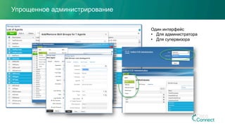 Упрощенное администрирование
Один интерфейс
•  Для администратора
•  Для супервизора
 