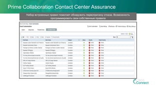Prime Collaboration Contact Center Assurance
Набор встроенных правил помогает обнаружить первопричину отказа. Возможность
программировать свои собственные правила
 