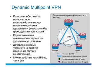 Dynamic Multipoint VPN
                                 Защищенные туннели создаются по
• Позволяет обеспечить           запросу
  полносвязное
                                                           Hub
  взаимодействие между
  головным офисом и
  удаленными филиалами без
  громоздких конфигураций
• Поддерживаются
                                                VPN
  динамические адреса на                                         Spoke 1
  удаленных устройствах
• Добавление новых
  устройств не требует
  изменения текущих             Spoke n                    Spoke 2

  конфигураций                             Туннель DMVPN
                                          Традиционные статические туннели
• Может работать как с IPSec,
                                          Статический известный IP адрес
  так и без                               Динамический неизвестный IP адрес
 