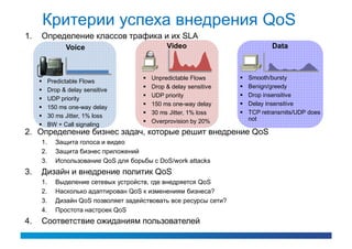 Критерии успеха внедрения QoS
1.   Определение классов трафика и их SLA
                Voice                          Video                          Data



                                         Unpredictable Flows         Smooth/bursty
         Predictable Flows
                                         Drop & delay sensitive      Benign/greedy
         Drop & delay sensitive
                                         UDP priority                Drop insensitive
         UDP priority
                                         150 ms one-way delay        Delay insensitive
         150 ms one-way delay
                                         30 ms Jitter, 1% loss       TCP retransmits/UDP does
         30 ms Jitter, 1% loss                                        not
                                         Overprovision by 20%
         BW + Call signaling
2. Определение бизнес задач, которые решит внедрение QoS
     1.     Защита голоса и видео
     2.     Защита бизнес приложений
     3.     Использование QoS для борьбы с DoS/work attacks
3.   Дизайн и внедрение политик QoS
     1.     Выделение сетевых устройств, где внедряется QoS
     2.     Насколько адаптирован QoS к изменениям бизнеса?
     3.     Дизайн QoS позволяет задействовать все ресурсы сети?
     4.     Простота настроек QoS
4.   Соответствие ожиданиям пользователей
 