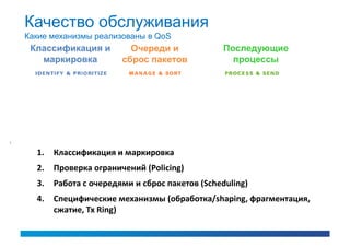 Качество обслуживания
Какие механизмы реализованы в QoS
 Классификация и         Очереди и              Последующие
   маркировка          сброс пакетов              процессы




  1.   Классификация и маркировка
  2.   Проверка ограничений (Policing)
  3.   Работа с очередями и сброс пакетов (Scheduling)
  4.   Специфические механизмы (обработка/shaping, фрагментация,
       сжатие, Tx Ring)
 