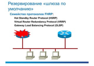 Резервирование «шлюза по
умолчанию»
Семейство протоколов FHRP:
  Hot Standby Router Protocol (HSRP)
  Virtual Router Redundancy Protocol (VRRP)
  Gateway Load Balancing Protocol (GLBP)



       R1                                  R2
 